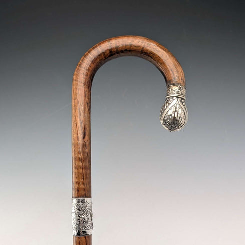 1906 British antique brown shaft, curved handle, pure silver decoration, walking stick, 80cm