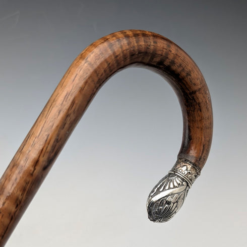 1906 British antique brown shaft, curved handle, pure silver decoration, walking stick, 80cm