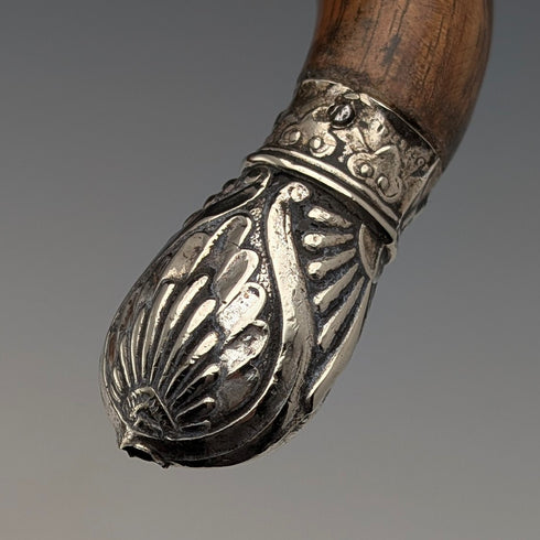 1906 British antique brown shaft, curved handle, pure silver decoration, walking stick, 80cm