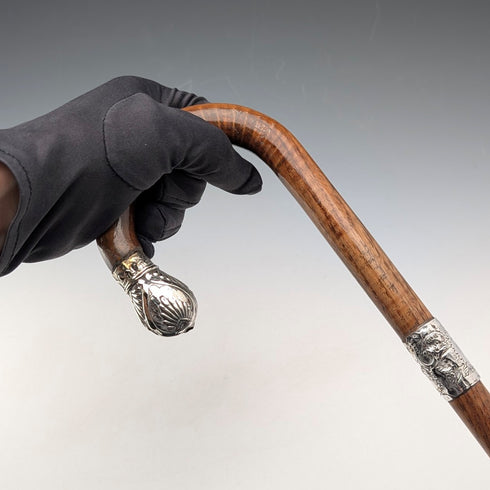 1906 British antique brown shaft, curved handle, pure silver decoration, walking stick, 80cm