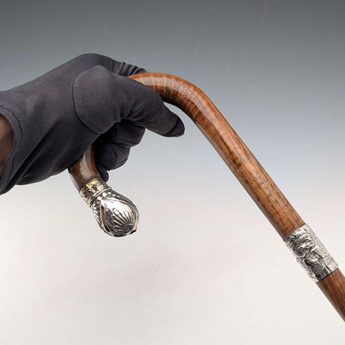 1906 British antique brown shaft, curved handle, pure silver decoration, walking stick, 80cm