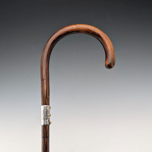 Circa 1930 British vintage brown shaft, curved handle, sterling silver decoration, walking stick, 89cm
