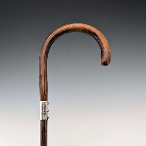 1930年頃 英国ヴィンテージ ブラウンシャフト 曲がりハンドル 純銀装飾 ステッキ 杖 89cm