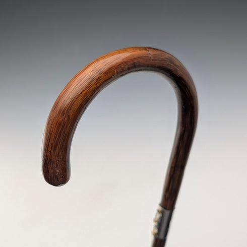 Circa 1930 British vintage brown shaft, curved handle, sterling silver decoration, walking stick, 89cm