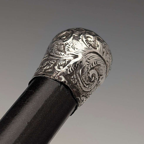 1889 British antique black shaft sterling silver rondelle handle lightweight walking stick 88cm