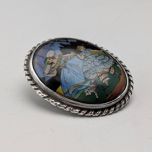 英国ヴィンテージ 純銀製 蝶の羽による2人の女性 オーバルブローチ