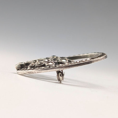 ヴィンテージ 純銀製 マーカサイト フローラル装飾 丸型ブローチ