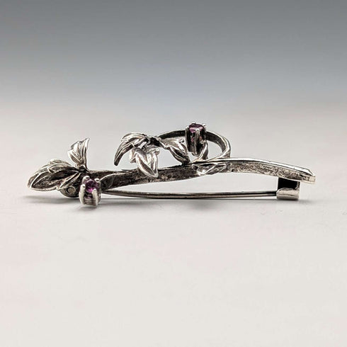 Vintage Silver Floral Decorated Purple Stone Twig Brooch