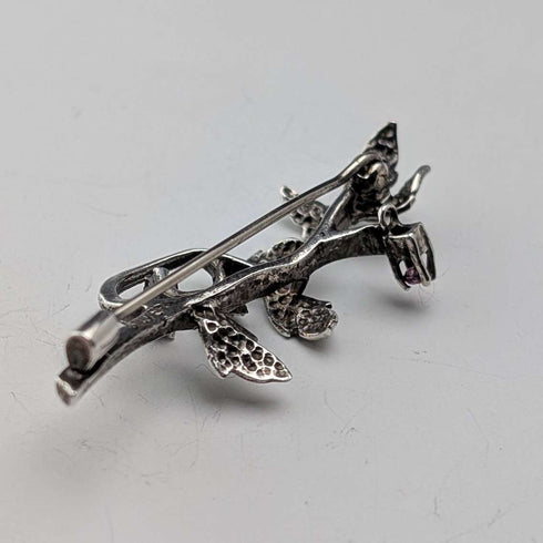 Vintage Silver Floral Decorated Purple Stone Twig Brooch