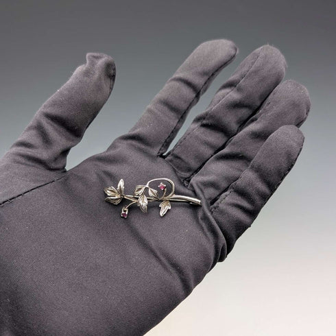 Vintage Silver Floral Decorated Purple Stone Twig Brooch