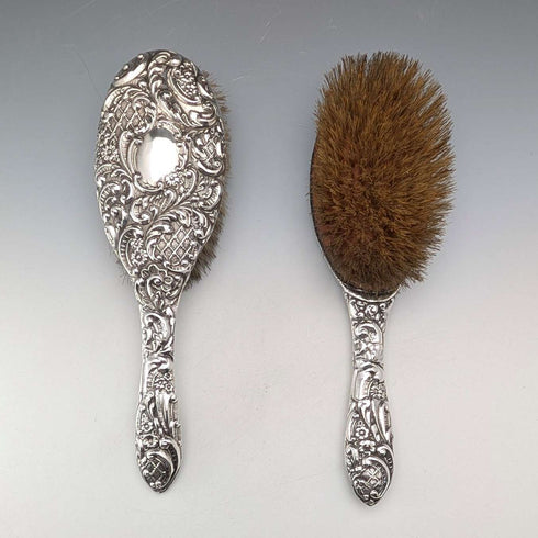 1910 British antique pure silver decorated handle hairbrush pair J&R Griffin