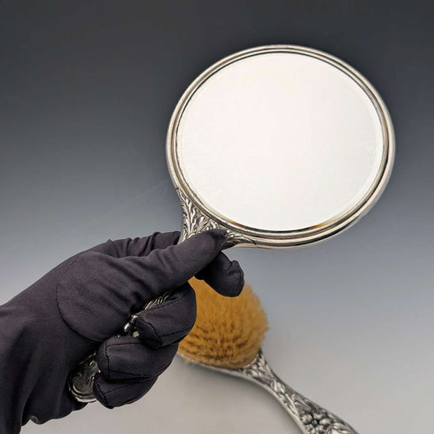 Circa 1900 American antique pure silver Art Nouveau decoration hairbrush and hand mirror Foster & Bailey