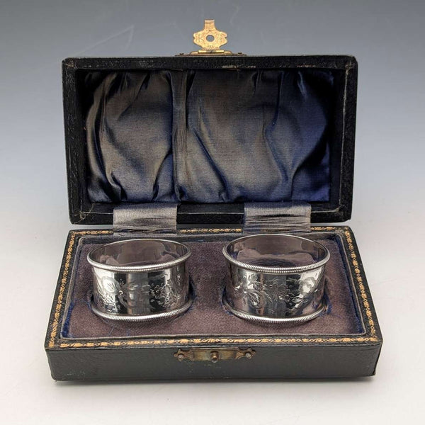 1905 British antique sterling silver napkin rings, pair, 42g, Martin & Hall, case included