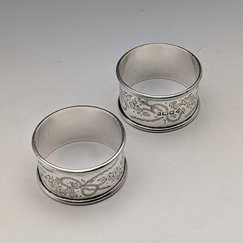 1905 British antique sterling silver napkin rings, pair, 42g, Martin & Hall, case included