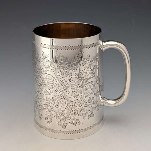 1906年 英国アンティーク 純銀製 花鳥装飾 マグカップ 187g George Edward&Sons