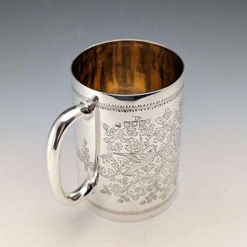 1906年 英国アンティーク 純銀製 花鳥装飾 マグカップ 187g George Edward&Sons