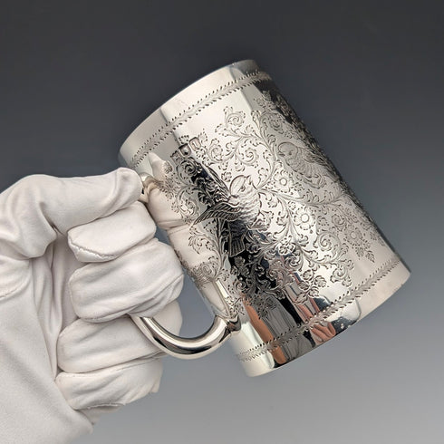 1906年 英国アンティーク 純銀製 花鳥装飾 マグカップ 187g George Edward&Sons