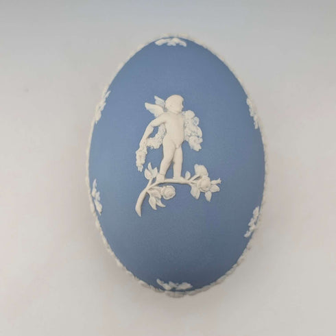 British vintage Wedgwood Jasperware egg-shaped box for small items, pale blue
