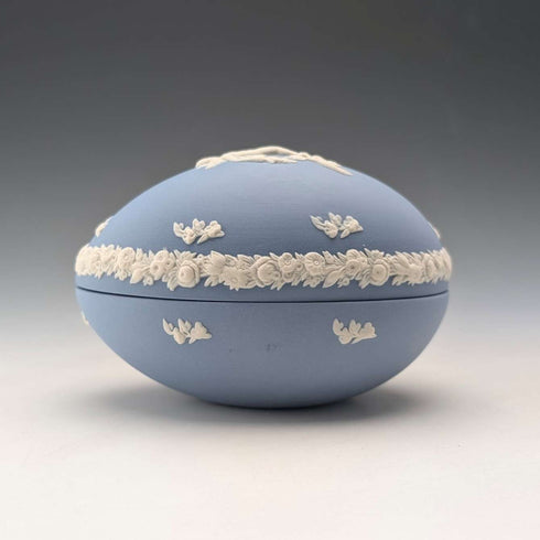 British vintage Wedgwood Jasperware egg-shaped box for small items, pale blue