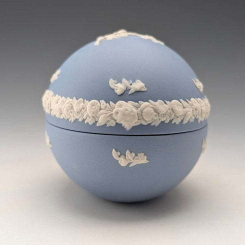 British vintage Wedgwood Jasperware egg-shaped box for small items, pale blue