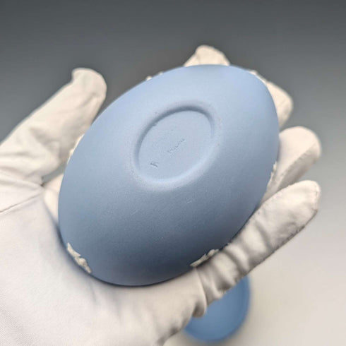 British vintage Wedgwood Jasperware egg-shaped box for small items, pale blue