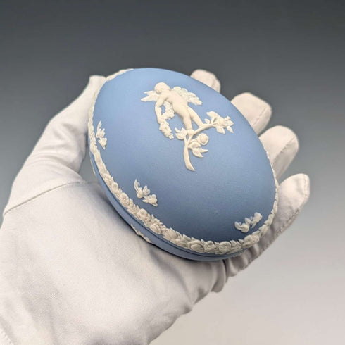 British vintage Wedgwood Jasperware egg-shaped box for small items, pale blue