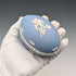 British vintage Wedgwood Jasperware egg-shaped box for small items, pale blue