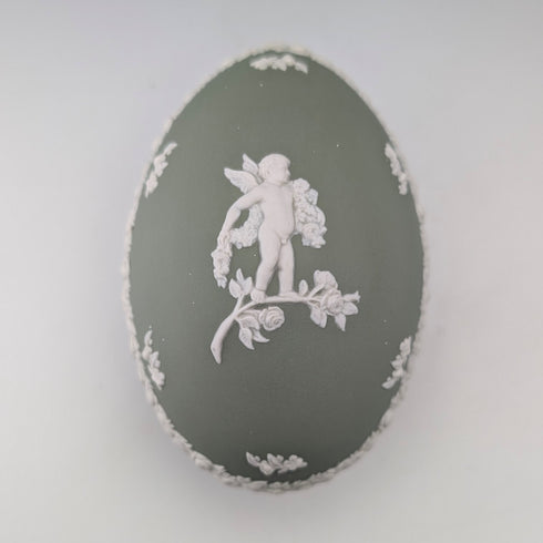 英国ヴィンテージ ウェッジウッド ジャスパーウェア製 卵型ボックス 小物入れ グリーン