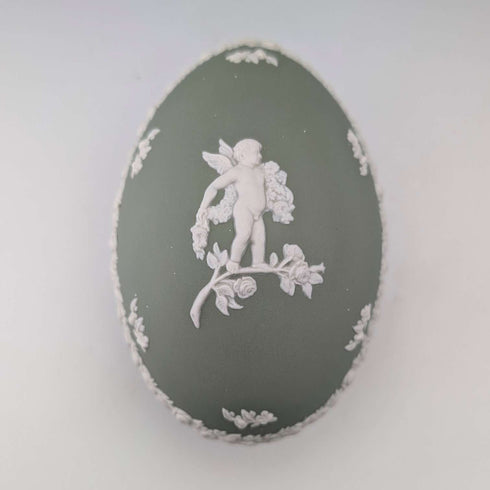 British Vintage Wedgwood Jasperware Egg-Shaped Trinket Box, Green