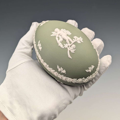 British Vintage Wedgwood Jasperware Egg-Shaped Trinket Box, Green