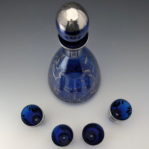 復古美國鈷藍色鍍銀醒酒杯 4 件套