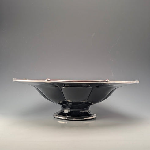 米国アンティーク エボニーガラス シルバーオーバーレイ 脚付きボウル 直径28cm