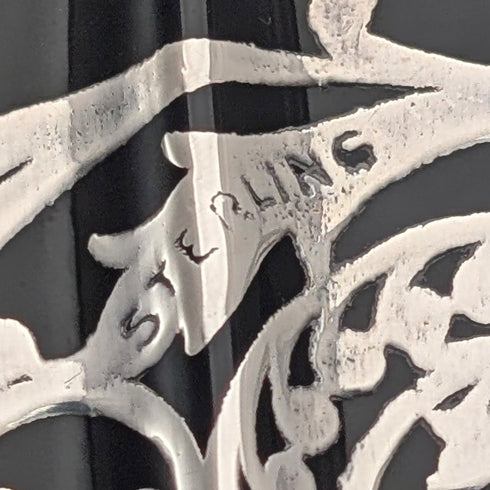 米国アンティーク エボニーガラス シルバーオーバーレイ 脚付きボウル 直径28cm