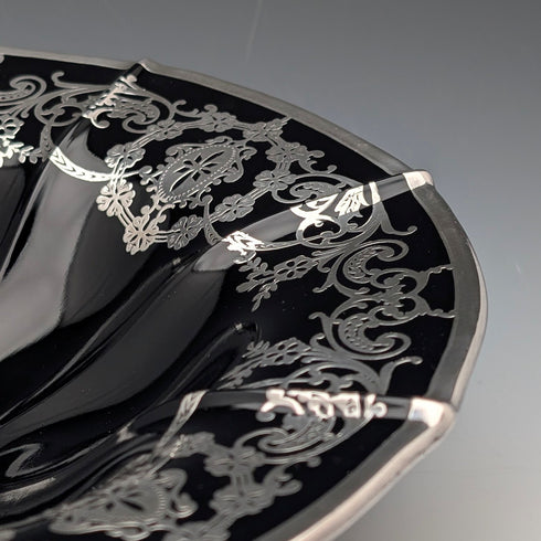 米国アンティーク エボニーガラス シルバーオーバーレイ 脚付きボウル 直径28cm