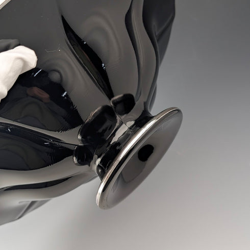 米国アンティーク エボニーガラス シルバーオーバーレイ 脚付きボウル 直径28cm