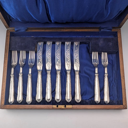 1923 British Antique Pure Silver Handle Dessert Cutlery 5 Pair Yates Brothers Wooden Box