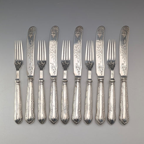 1923 British Antique Pure Silver Handle Dessert Cutlery 5 Pair Yates Brothers Wooden Box