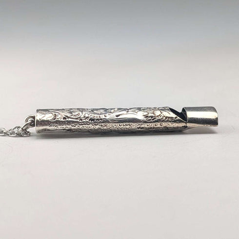 1902 British antique floral decorated sterling silver whistle by William Manton, with chain