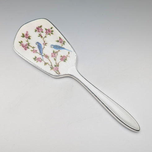 1947 British vintage pure silver guilloche enamel flower and bird decoration hand mirror by Henry Clifford Davis