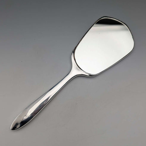 1947 British vintage pure silver guilloche enamel flower and bird decoration hand mirror by Henry Clifford Davis