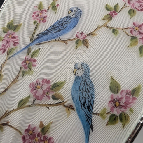 1947 British vintage pure silver guilloche enamel flower and bird decoration hand mirror by Henry Clifford Davis