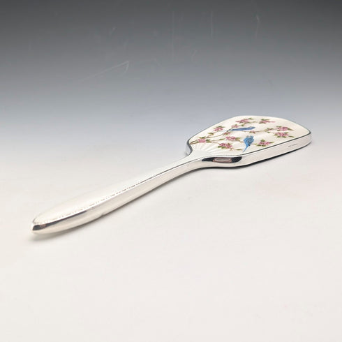 1947 British vintage pure silver guilloche enamel flower and bird decoration hand mirror by Henry Clifford Davis