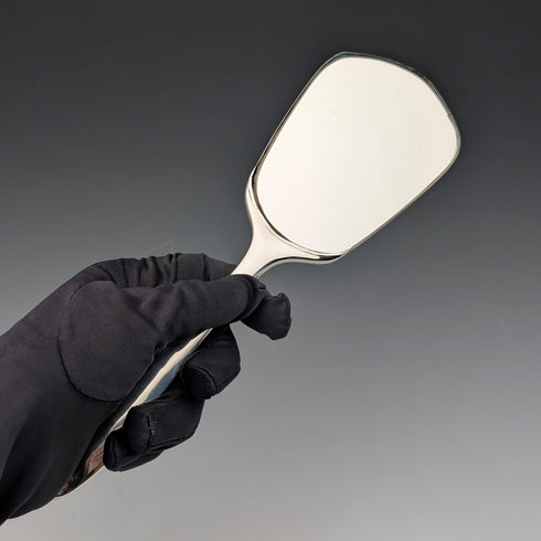 1947 British vintage pure silver guilloche enamel flower and bird decoration hand mirror by Henry Clifford Davis