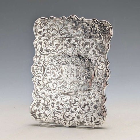 1849 British antique scroll engraved sterling silver card case, 71g, Taylor & Perry