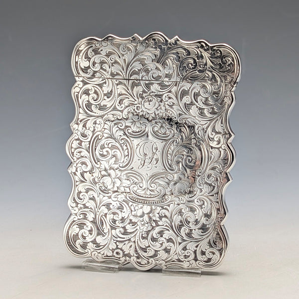 1849 British antique scroll engraved sterling silver card case, 71g, Taylor & Perry