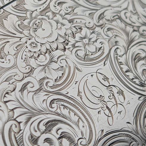 1849 British antique scroll engraved sterling silver card case, 71g, Taylor & Perry