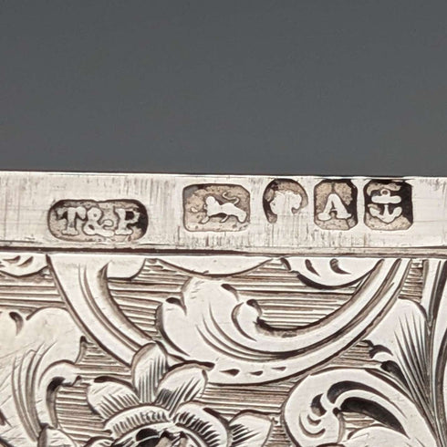 1849 British antique scroll engraved sterling silver card case, 71g, Taylor & Perry
