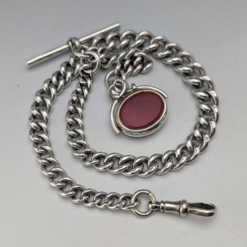 Circa 1919 British antique sterling silver Albert chain, 61g, sterling silver base, two-tone rotating fob