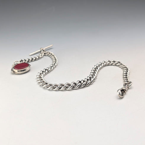 Circa 1919 British antique sterling silver Albert chain, 61g, sterling silver base, two-tone rotating fob