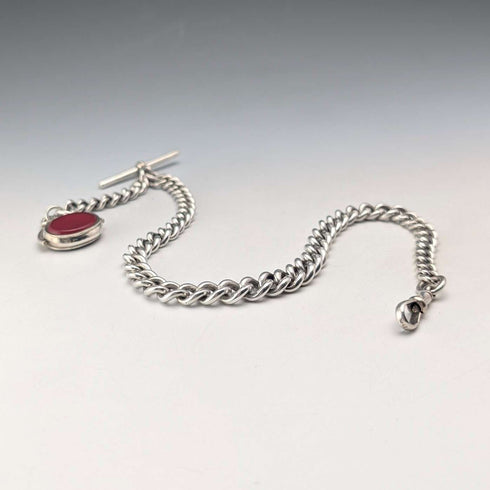 Circa 1919 British antique sterling silver Albert chain, 61g, sterling silver base, two-tone rotating fob